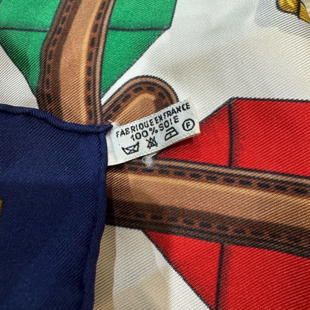 Hermes Multicolor Silk Scarf with Navy, Green, Gold and Red Accents - Picture 12 of 12